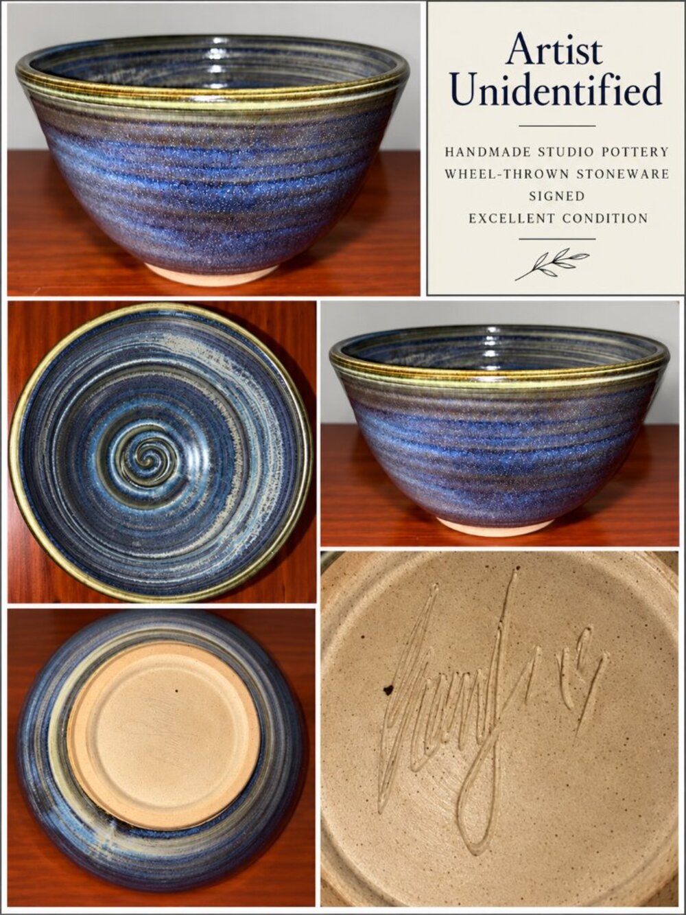 Signed Studio Pottery Bowl Blue Purple Wheel Thrown Stoneware Artist Unknown
